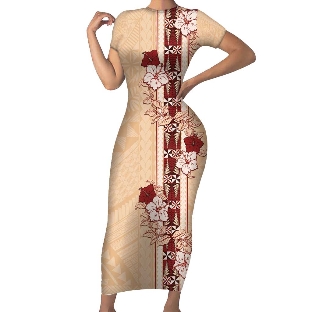 Tonga Language Week Short Sleeve Bodycon Dress Hibiscus Tongan Ngatu Pattern