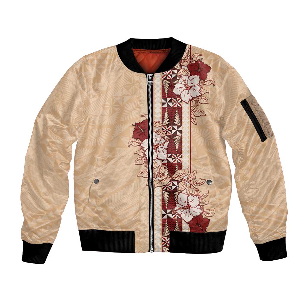 Tonga Language Week Sleeve Zip Bomber Jacket Hibiscus Tongan Ngatu Pattern