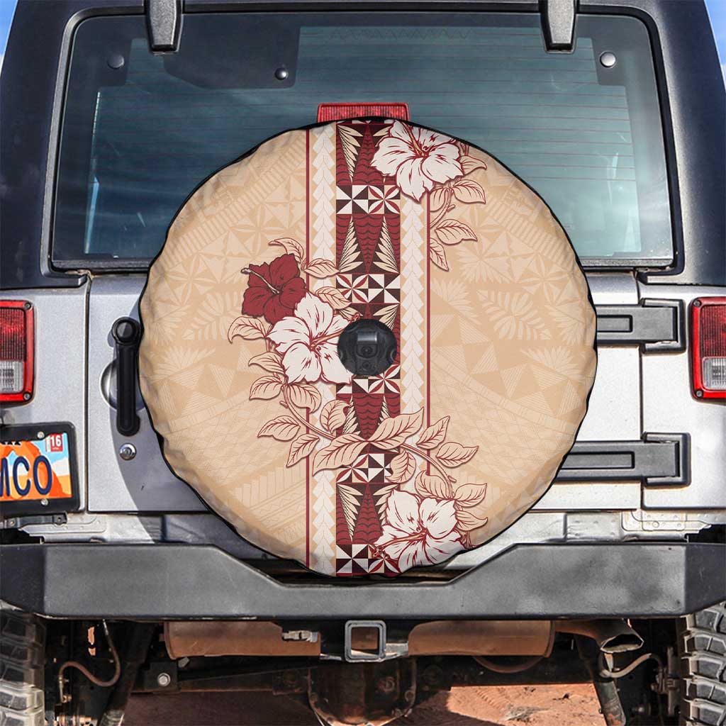 Tonga Language Week Spare Tire Cover Hibiscus Tongan Ngatu Pattern LT05 Beige - Polynesian Pride