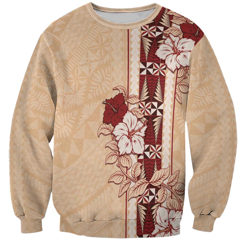 Tonga Language Week Sweatshirt Hibiscus Tongan Ngatu Pattern LT05 Unisex Beige - Polynesian Pride