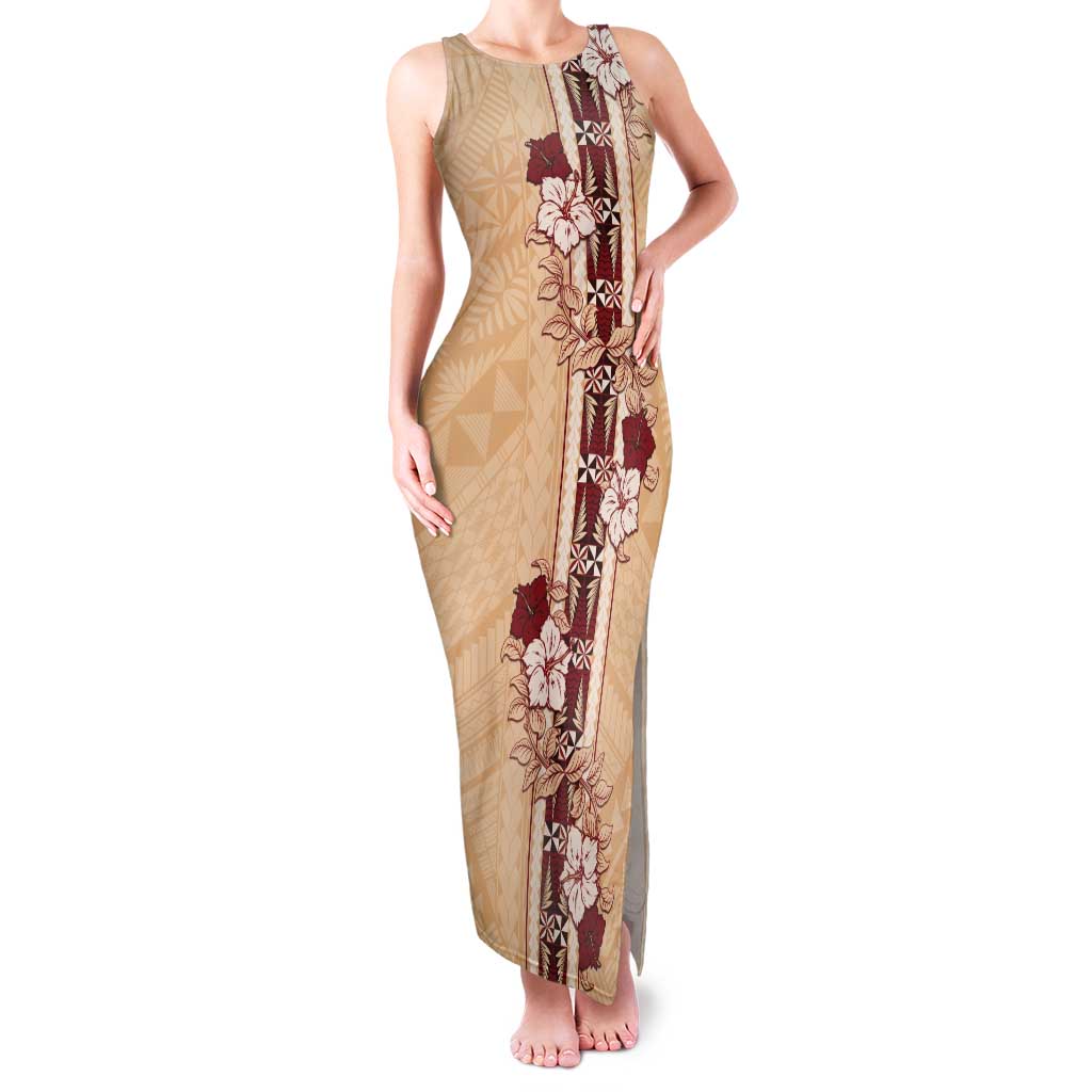 Tonga Language Week Tank Maxi Dress Hibiscus Tongan Ngatu Pattern LT05 Women Beige - Polynesian Pride
