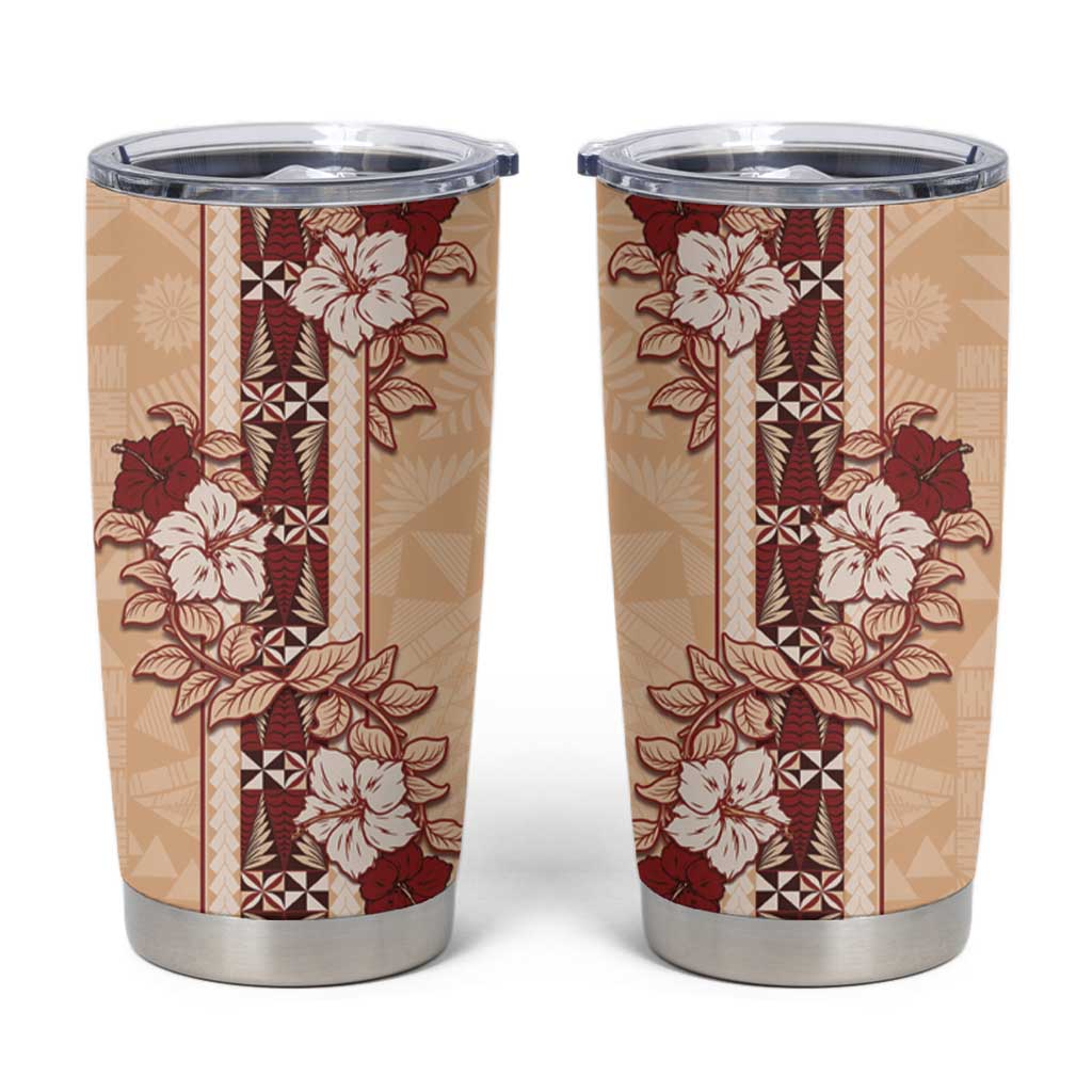 Tonga Language Week Tumbler Cup Hibiscus Tongan Ngatu Pattern LT05 Beige - Polynesian Pride