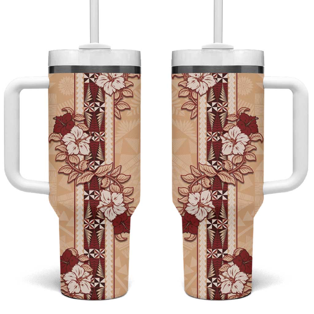 Tonga Language Week Tumbler With Handle Hibiscus Tongan Ngatu Pattern LT05 One Size: 40 oz Beige - Polynesian Pride