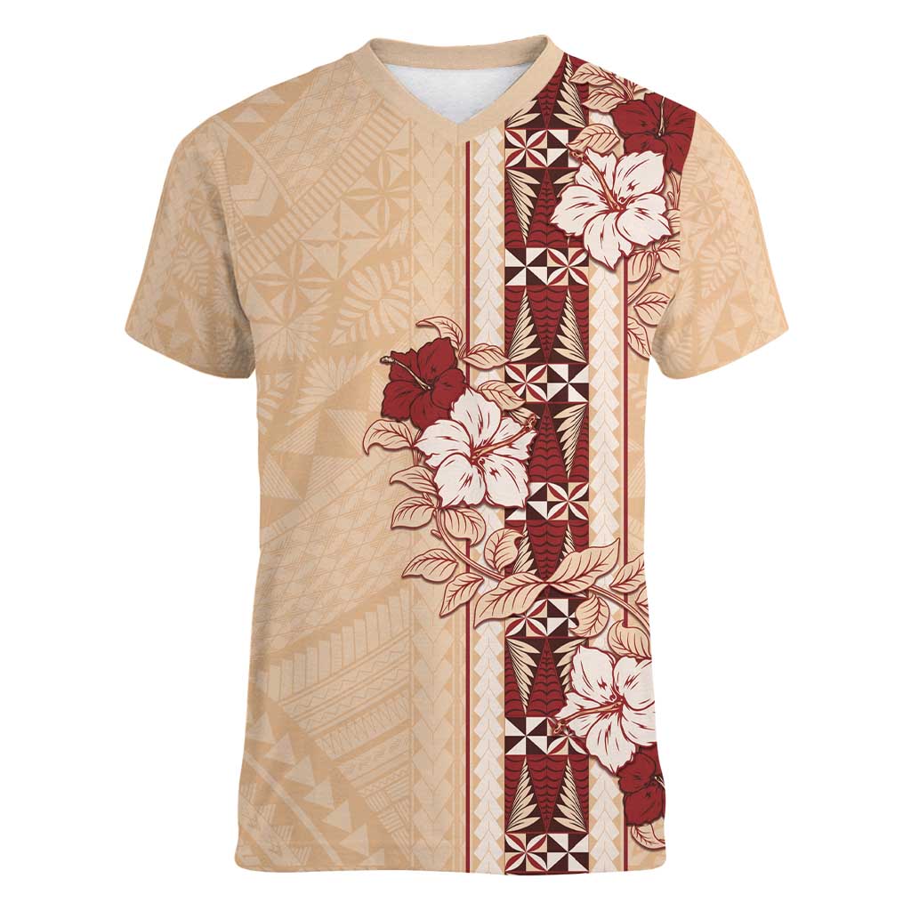 Tonga Language Week Women V-Neck T-Shirt Hibiscus Tongan Ngatu Pattern