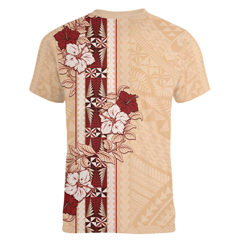 Tonga Language Week Women V-Neck T-Shirt Hibiscus Tongan Ngatu Pattern