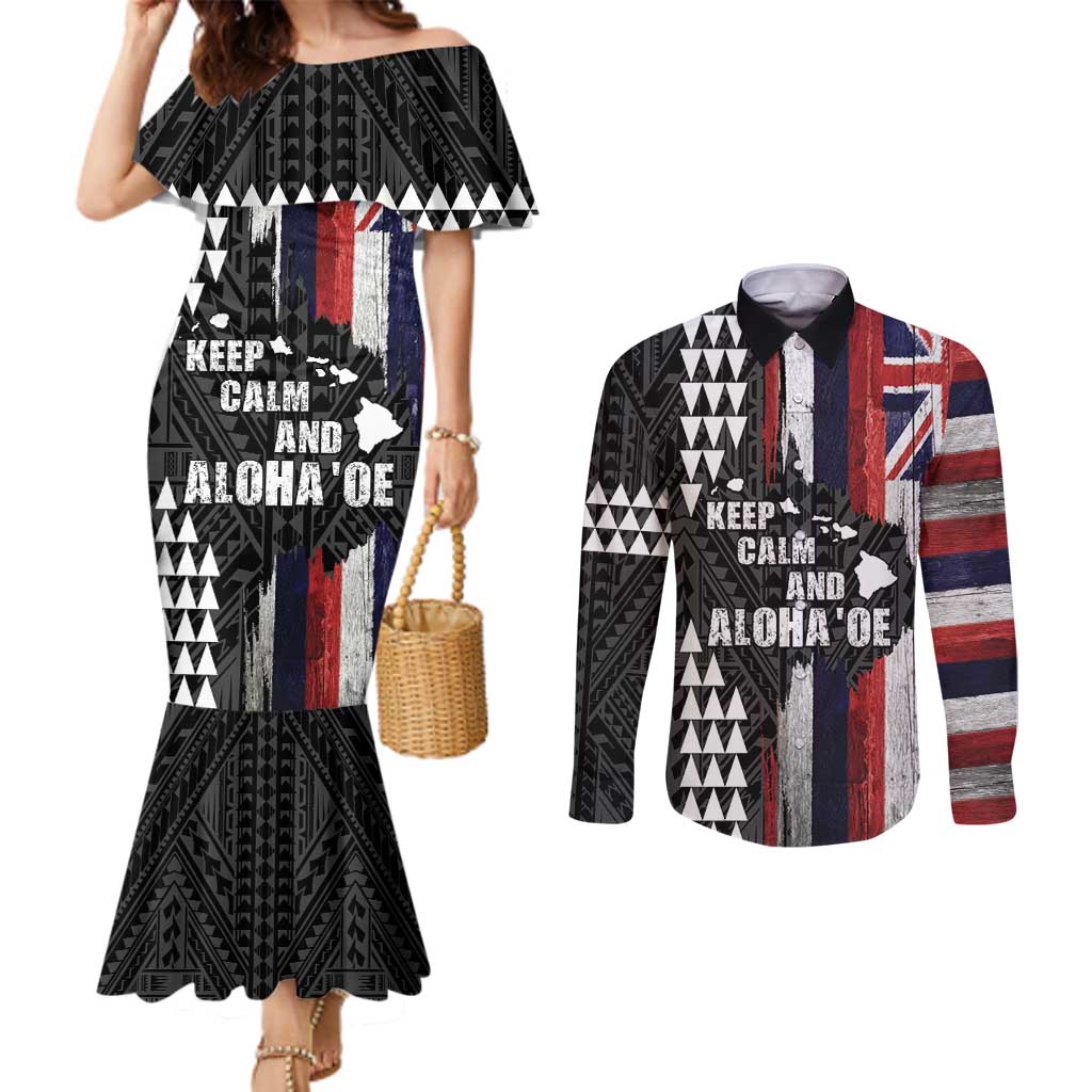 Hawaii 1959 Statehood Day Couples Matching Mermaid Dress and Long Sleeve Button Shirt Classic Style LT05 Black - Polynesian Pride
