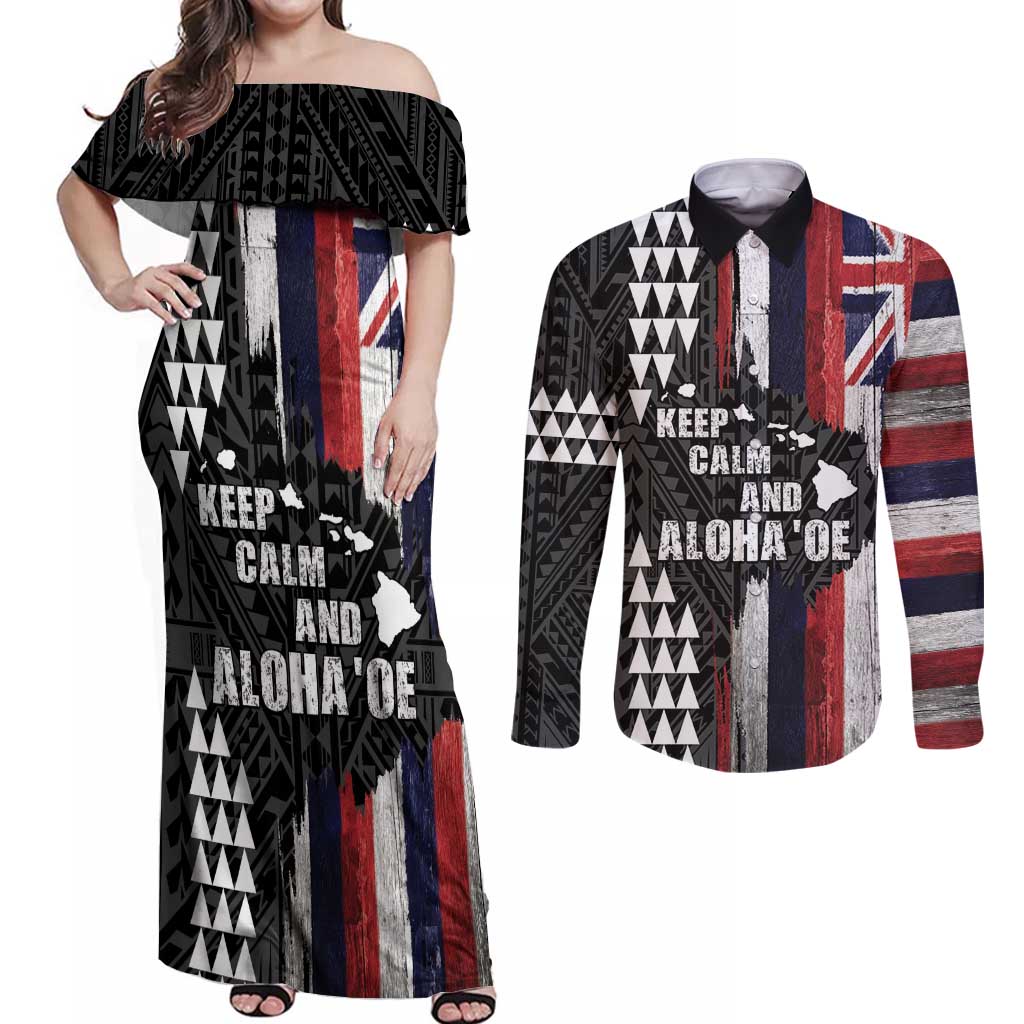 Hawaii 1959 Statehood Day Couples Matching Off Shoulder Maxi Dress and Long Sleeve Button Shirt Classic Style LT05 Black - Polynesian Pride