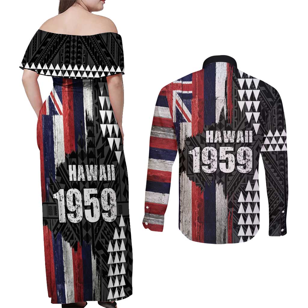 Hawaii 1959 Statehood Day Couples Matching Off Shoulder Maxi Dress and Long Sleeve Button Shirt Classic Style LT05 - Polynesian Pride
