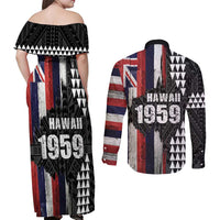 Hawaii 1959 Statehood Day Couples Matching Off Shoulder Maxi Dress and Long Sleeve Button Shirt Classic Style LT05 - Polynesian Pride