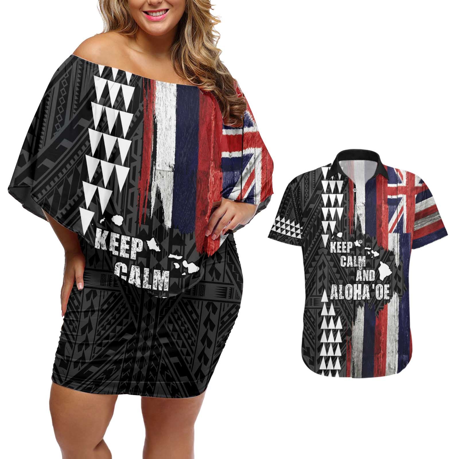 Hawaii 1959 Statehood Day Couples Matching Off Shoulder Short Dress and Hawaiian Shirt Classic Style LT05 Black - Polynesian Pride