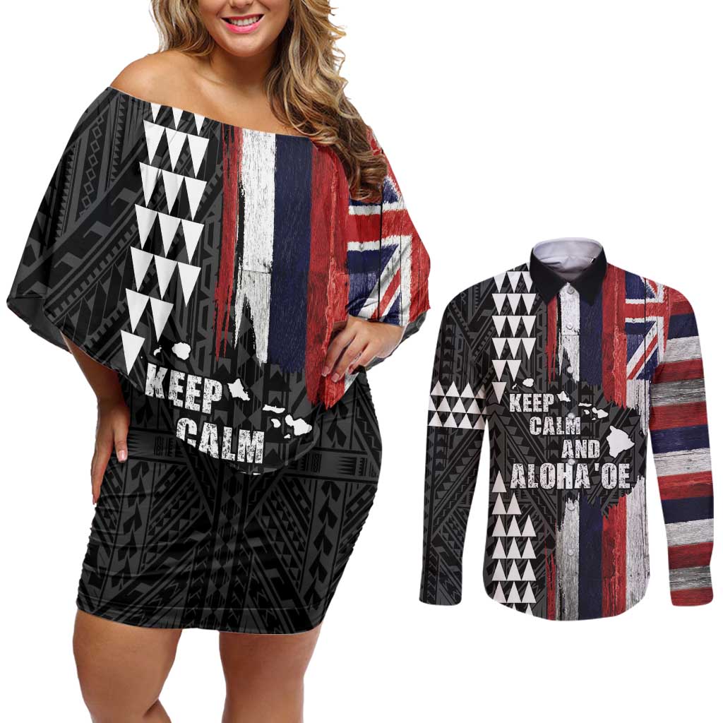 Hawaii 1959 Statehood Day Couples Matching Off Shoulder Short Dress and Long Sleeve Button Shirt Classic Style LT05 Black - Polynesian Pride