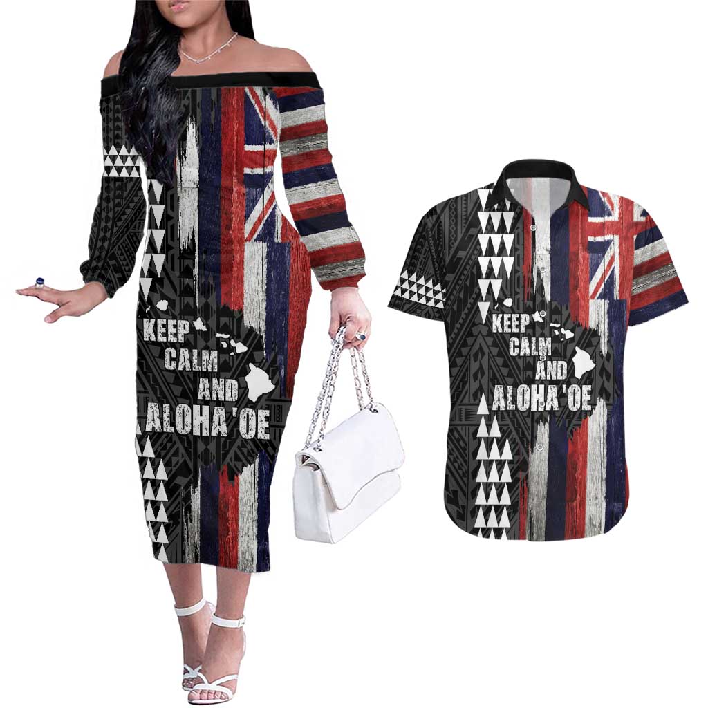Hawaii 1959 Statehood Day Couples Matching Off The Shoulder Long Sleeve Dress and Hawaiian Shirt Classic Style LT05 Black - Polynesian Pride