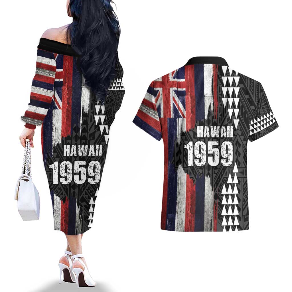 Hawaii 1959 Statehood Day Couples Matching Off The Shoulder Long Sleeve Dress and Hawaiian Shirt Classic Style