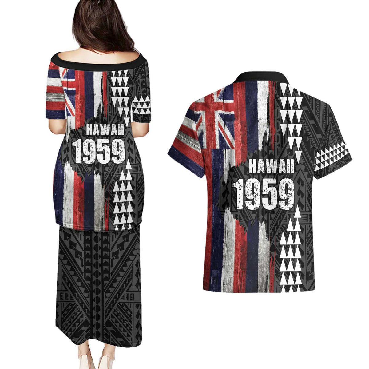 Hawaii 1959 Statehood Day Couples Matching Puletasi and Hawaiian Shirt Classic Style LT05 - Polynesian Pride