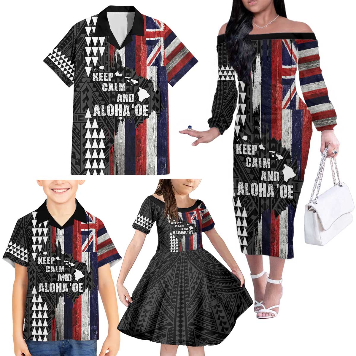 Hawaii 1959 Statehood Day Family Matching Off The Shoulder Long Sleeve Dress and Hawaiian Shirt Classic Style LT05 - Polynesian Pride
