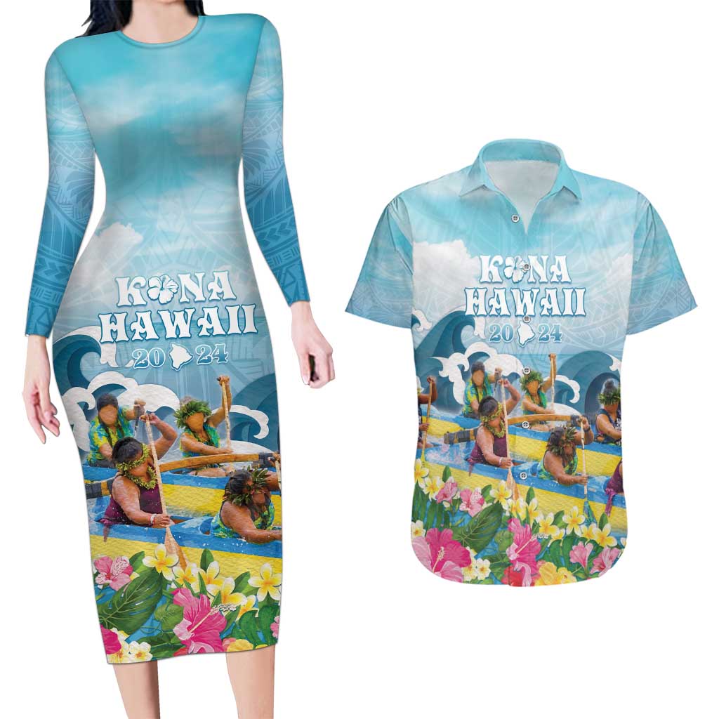 Hawaii Outrigger Canoe Race Couples Matching Long Sleeve Bodycon Dress and Hawaiian Shirt Polynesian Style Watercolor Style