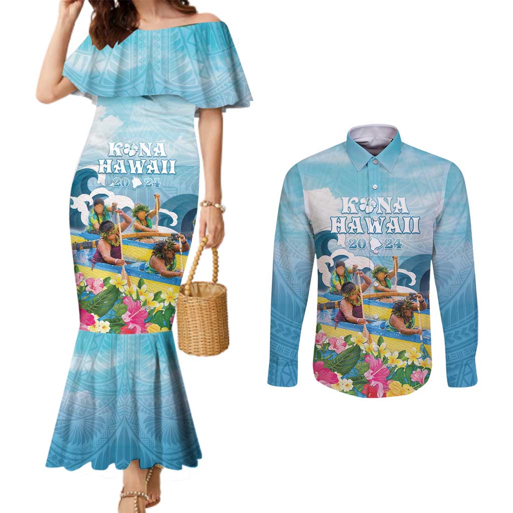 Hawaii Outrigger Canoe Race Couples Matching Mermaid Dress and Long Sleeve Button Shirt Polynesian Style Watercolor Style LT05 Blue - Polynesian Pride