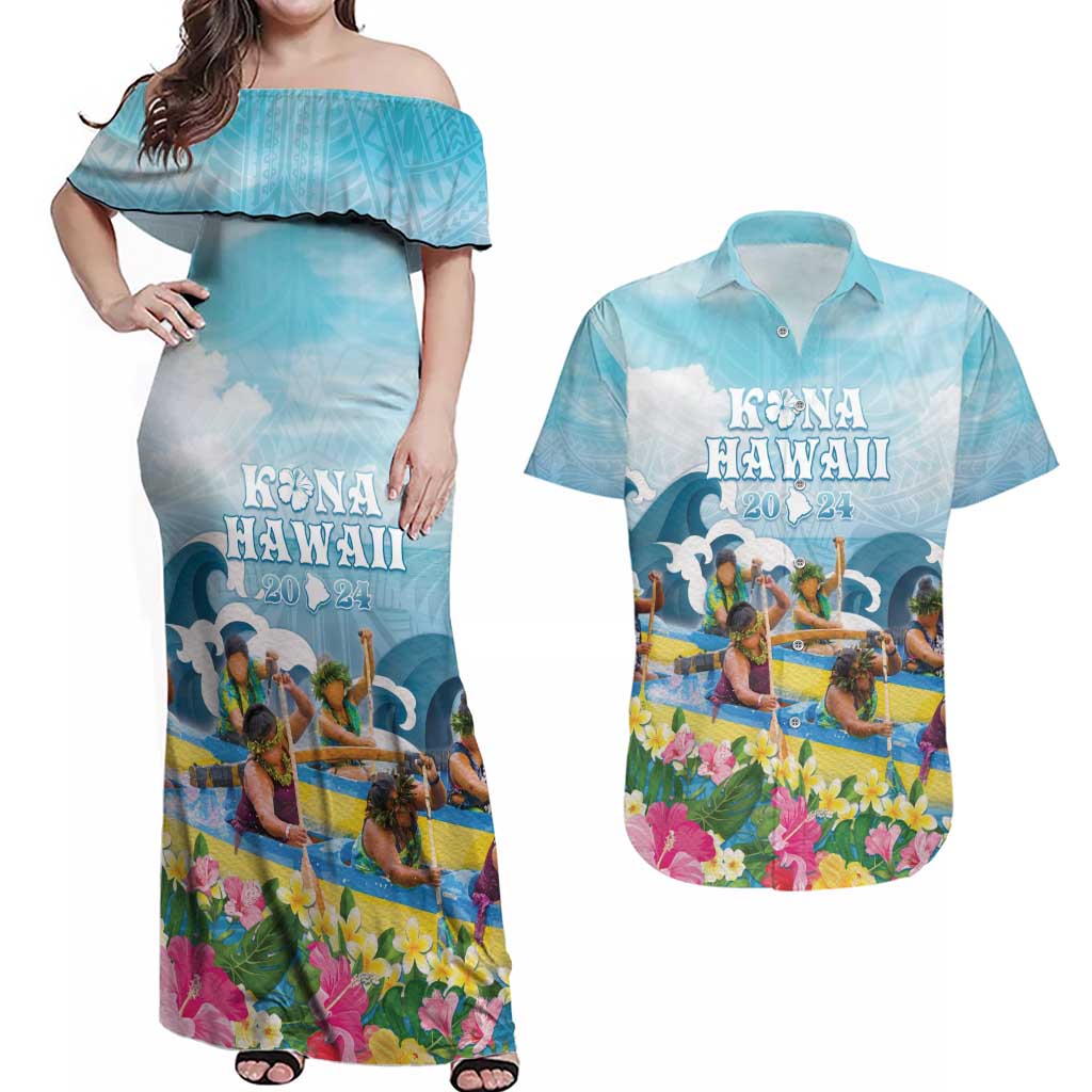 Hawaii Outrigger Canoe Race Couples Matching Off Shoulder Maxi Dress and Hawaiian Shirt Polynesian Style Watercolor Style