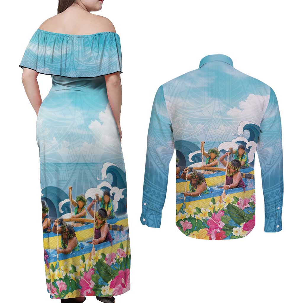 Hawaii Outrigger Canoe Race Couples Matching Off Shoulder Maxi Dress and Long Sleeve Button Shirt Polynesian Style Watercolor Style LT05 - Polynesian Pride