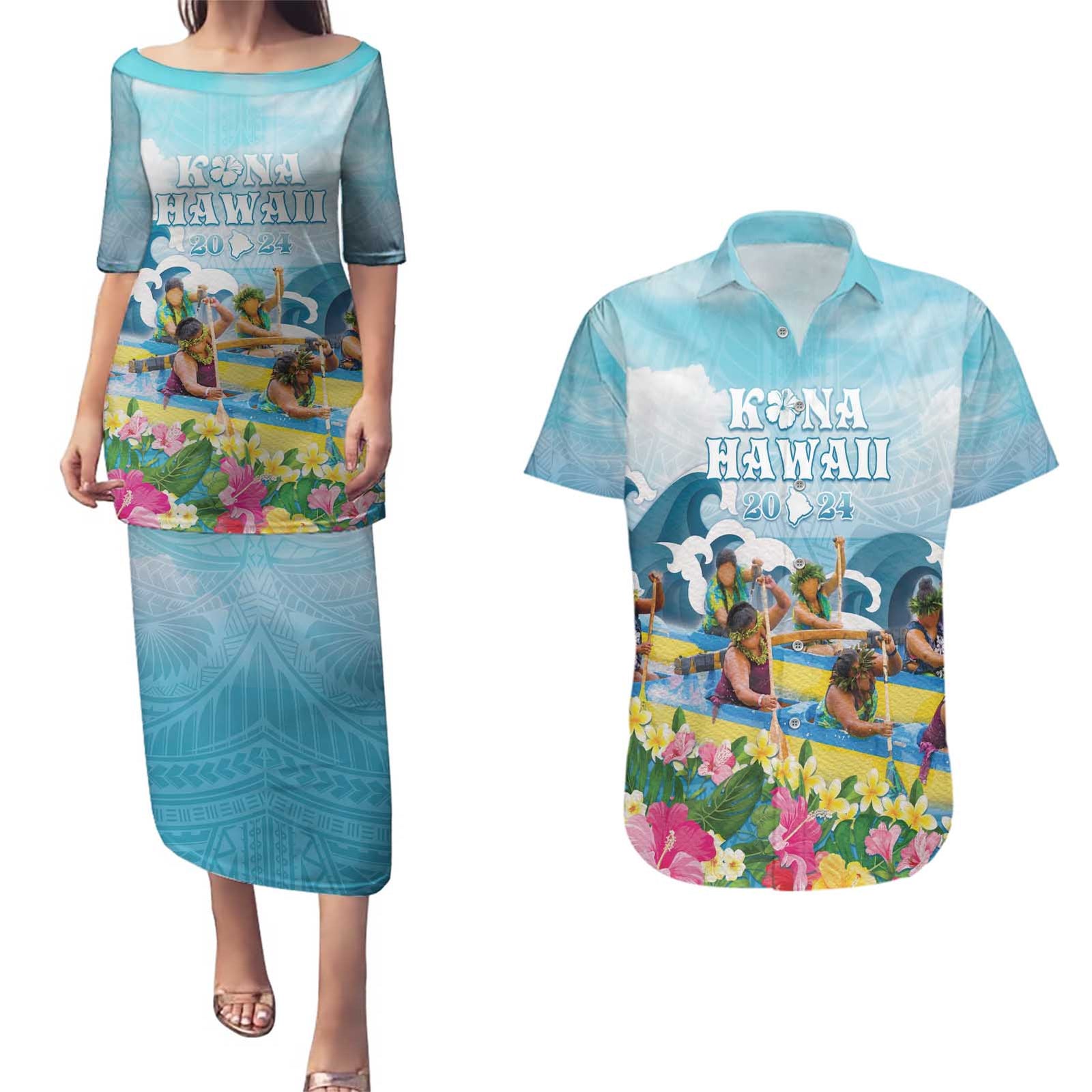 Hawaii Outrigger Canoe Race Couples Matching Puletasi and Hawaiian Shirt Polynesian Style Watercolor Style LT05 Blue - Polynesian Pride