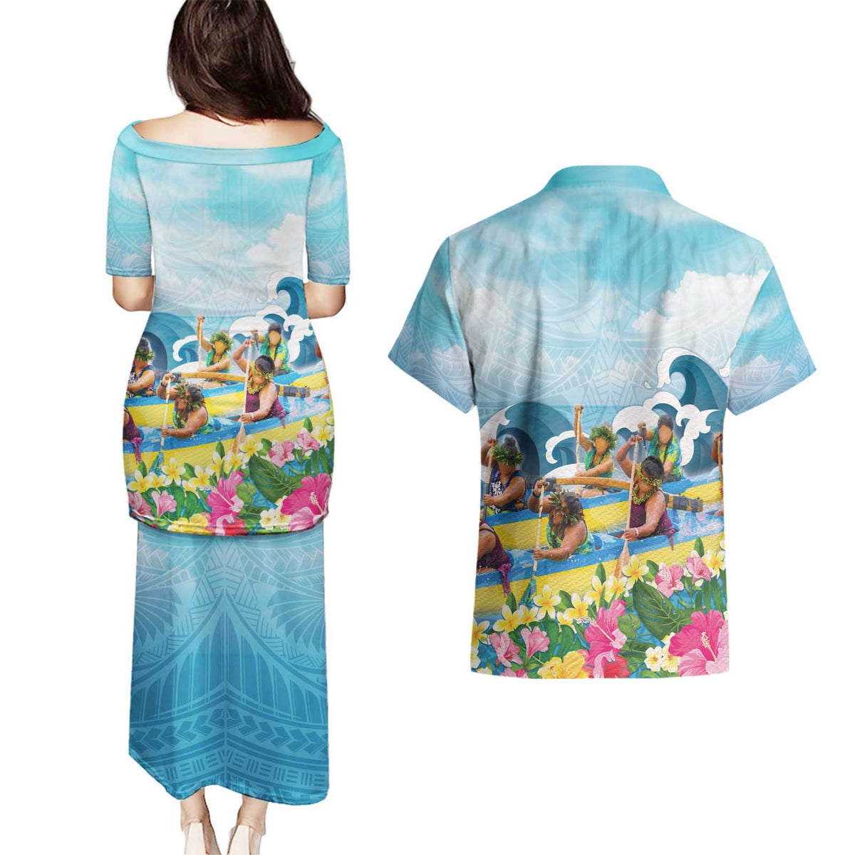 Hawaii Outrigger Canoe Race Couples Matching Puletasi and Hawaiian Shirt Polynesian Style Watercolor Style LT05 - Polynesian Pride