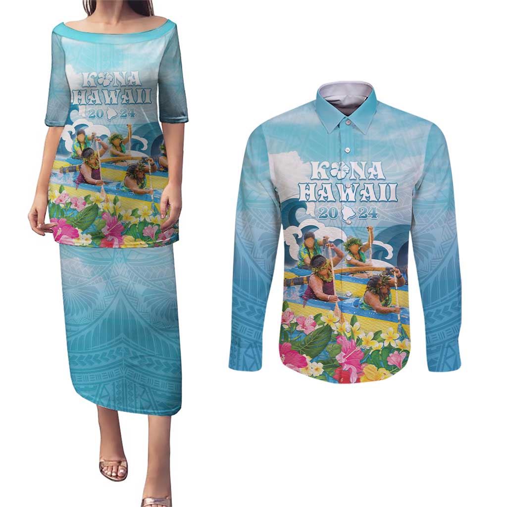 Hawaii Outrigger Canoe Race Couples Matching Puletasi and Long Sleeve Button Shirt Polynesian Style Watercolor Style LT05 Blue - Polynesian Pride
