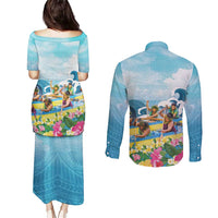 Hawaii Outrigger Canoe Race Couples Matching Puletasi and Long Sleeve Button Shirt Polynesian Style Watercolor Style LT05 - Polynesian Pride