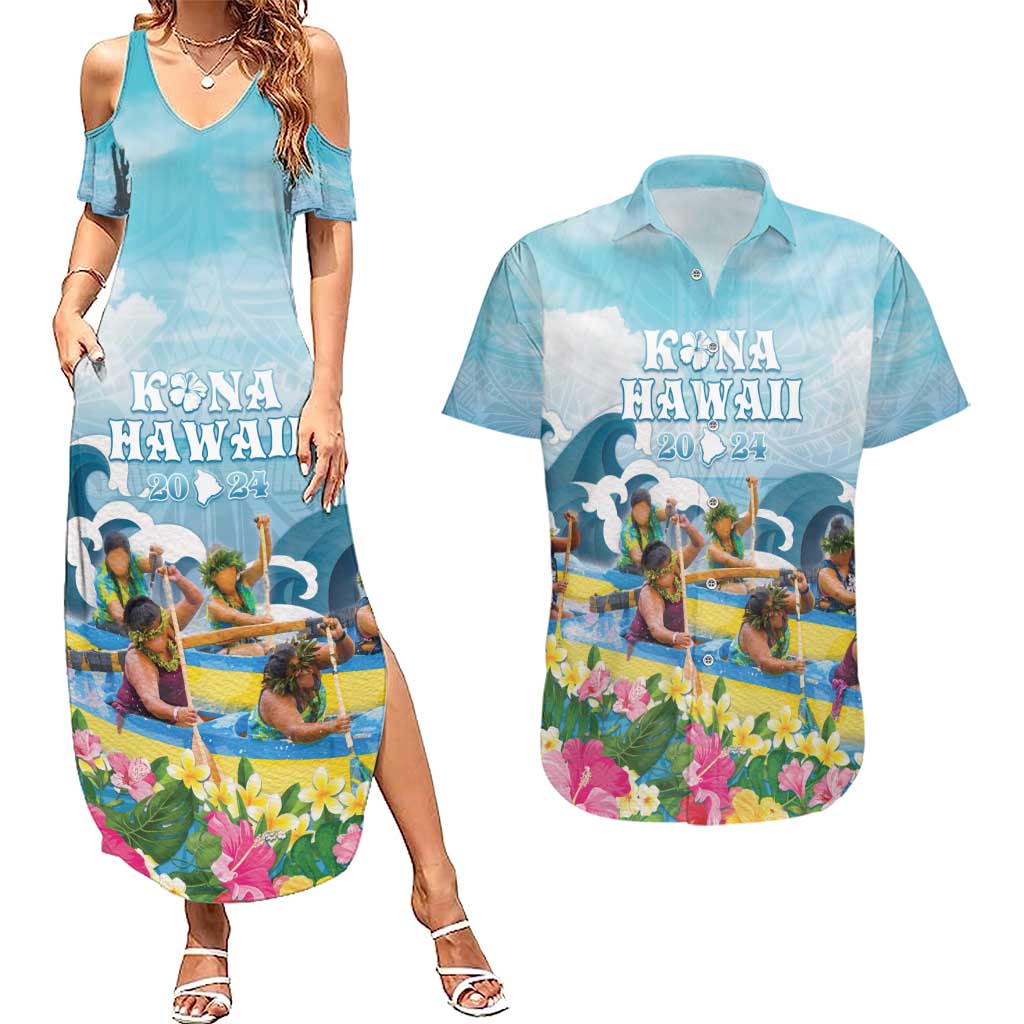 Hawaii Outrigger Canoe Race Couples Matching Summer Maxi Dress and Hawaiian Shirt Polynesian Style Watercolor Style LT05 Blue - Polynesian Pride