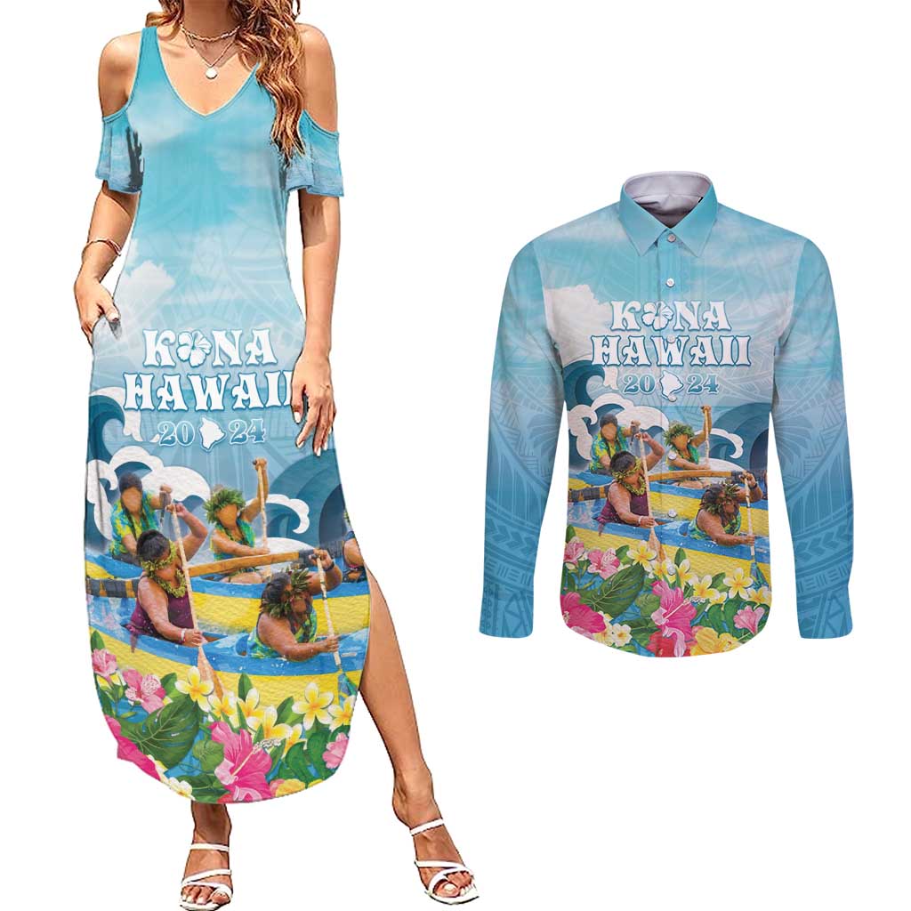 Hawaii Outrigger Canoe Race Couples Matching Summer Maxi Dress and Long Sleeve Button Shirt Polynesian Style Watercolor Style LT05 Blue - Polynesian Pride