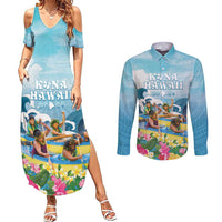 Hawaii Outrigger Canoe Race Couples Matching Summer Maxi Dress and Long Sleeve Button Shirt Polynesian Style Watercolor Style LT05 Blue - Polynesian Pride