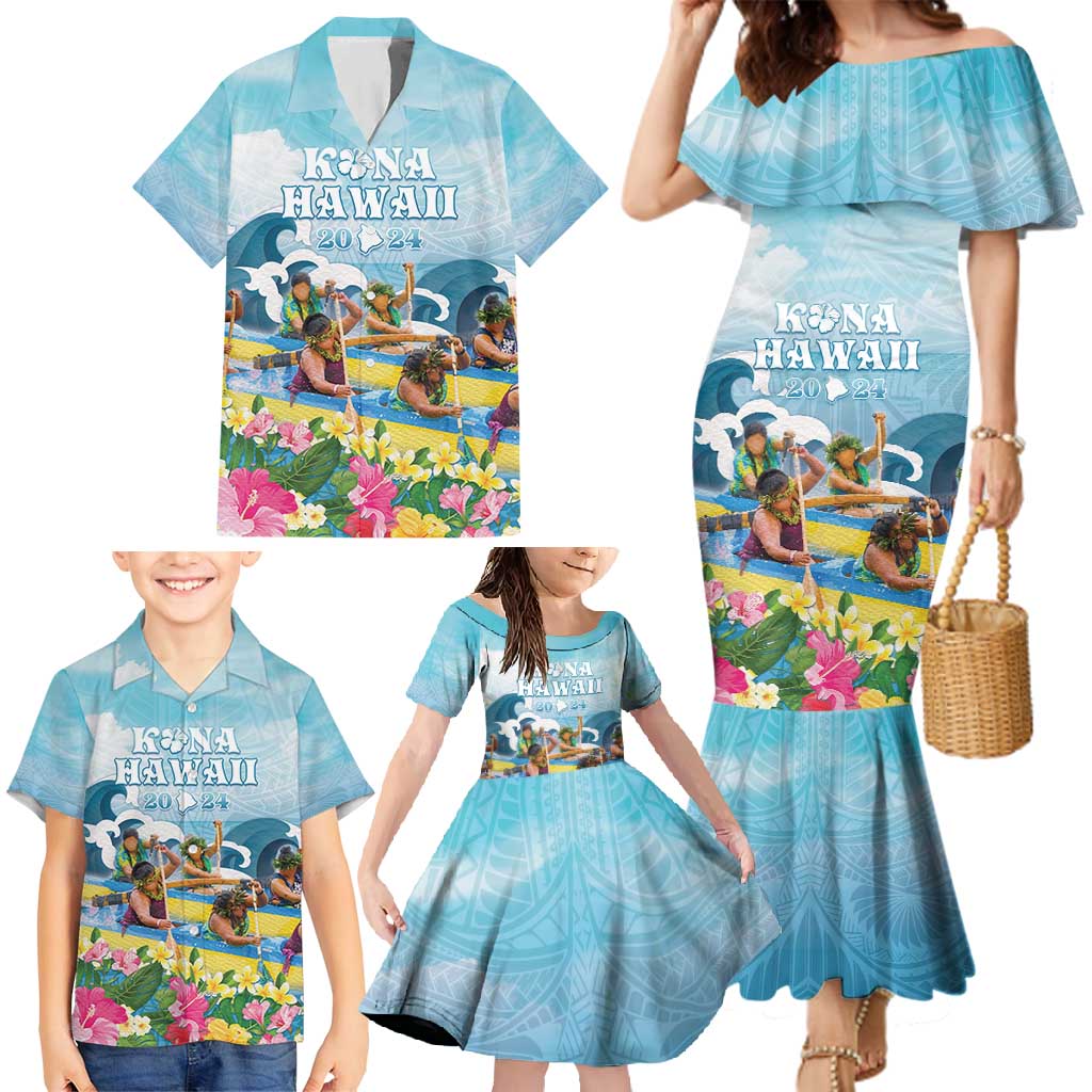 Hawaii Outrigger Canoe Race Family Matching Mermaid Dress and Hawaiian Shirt Polynesian Style Watercolor Style