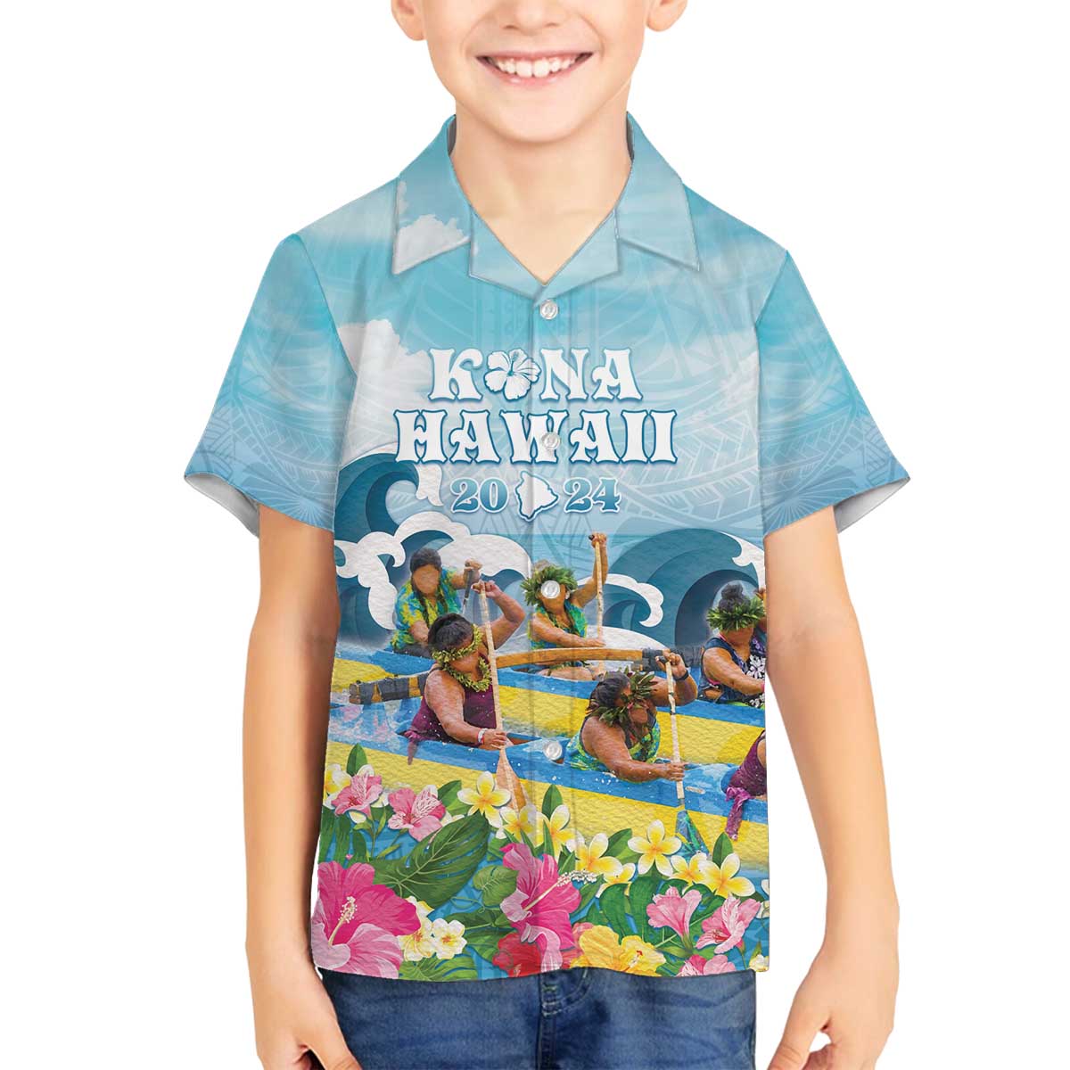 Hawaii Outrigger Canoe Race Family Matching Off The Shoulder Long Sleeve Dress and Hawaiian Shirt Polynesian Style Watercolor Style
