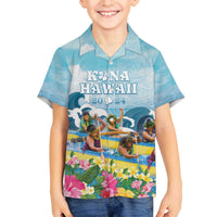Hawaii Outrigger Canoe Race Family Matching Off The Shoulder Long Sleeve Dress and Hawaiian Shirt Polynesian Style Watercolor Style