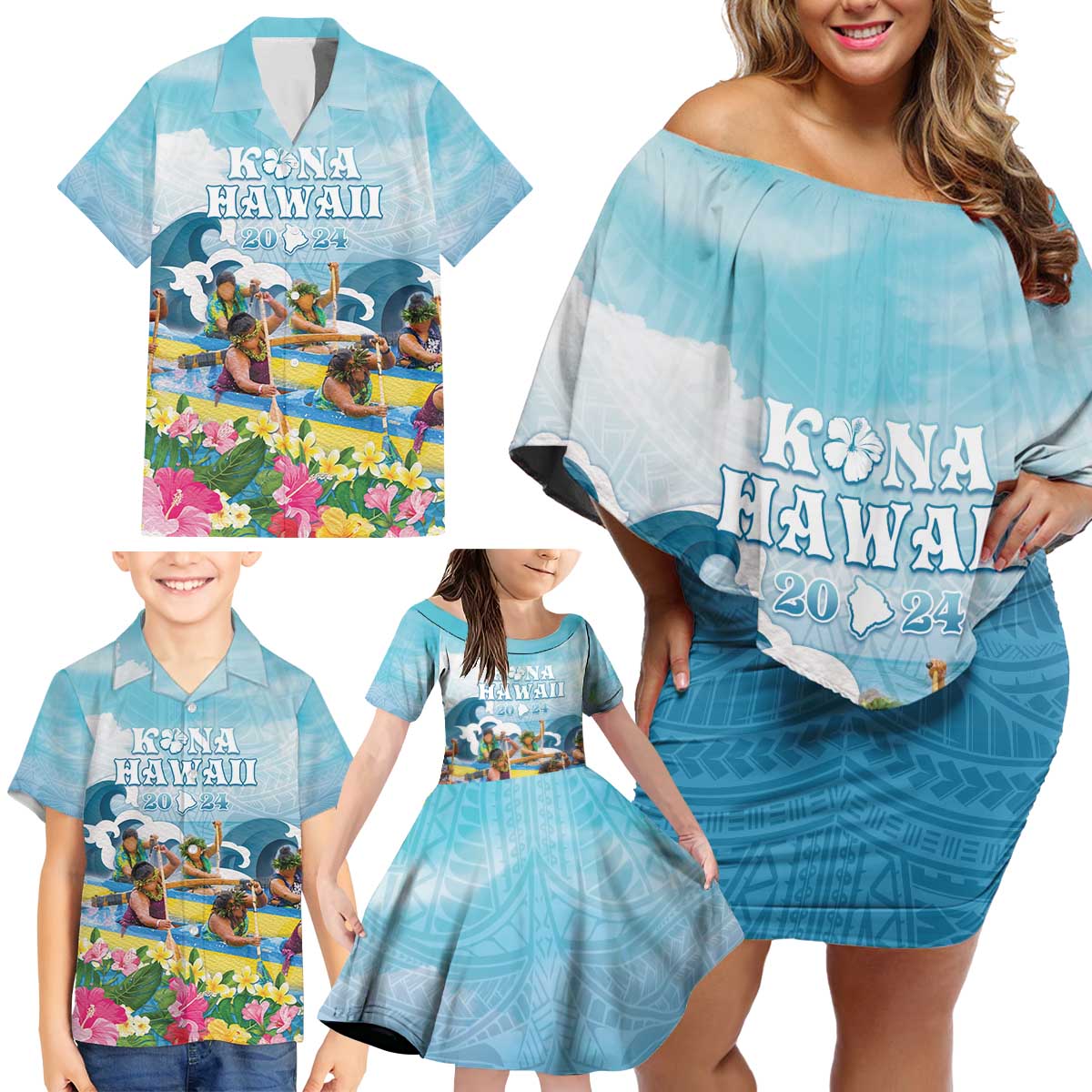 Hawaii Outrigger Canoe Race Family Matching Off Shoulder Short Dress and Hawaiian Shirt Polynesian Style Watercolor Style