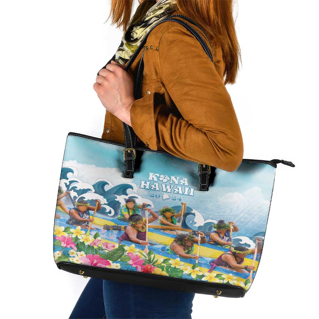Hawaii Outrigger Canoe Race Leather Tote Bag Polynesian Style Watercolor Style LT05 Blue - Polynesian Pride
