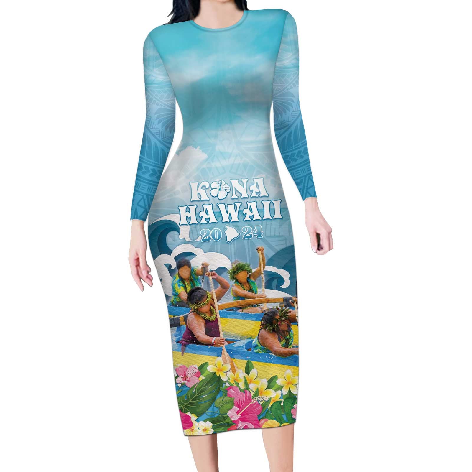 Hawaii Outrigger Canoe Race Long Sleeve Bodycon Dress Polynesian Style Watercolor Style