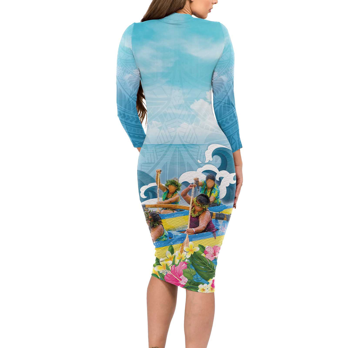 Hawaii Outrigger Canoe Race Long Sleeve Bodycon Dress Polynesian Style Watercolor Style