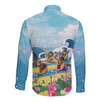 Hawaii Outrigger Canoe Race Long Sleeve Button Shirt Polynesian Style Watercolor Style