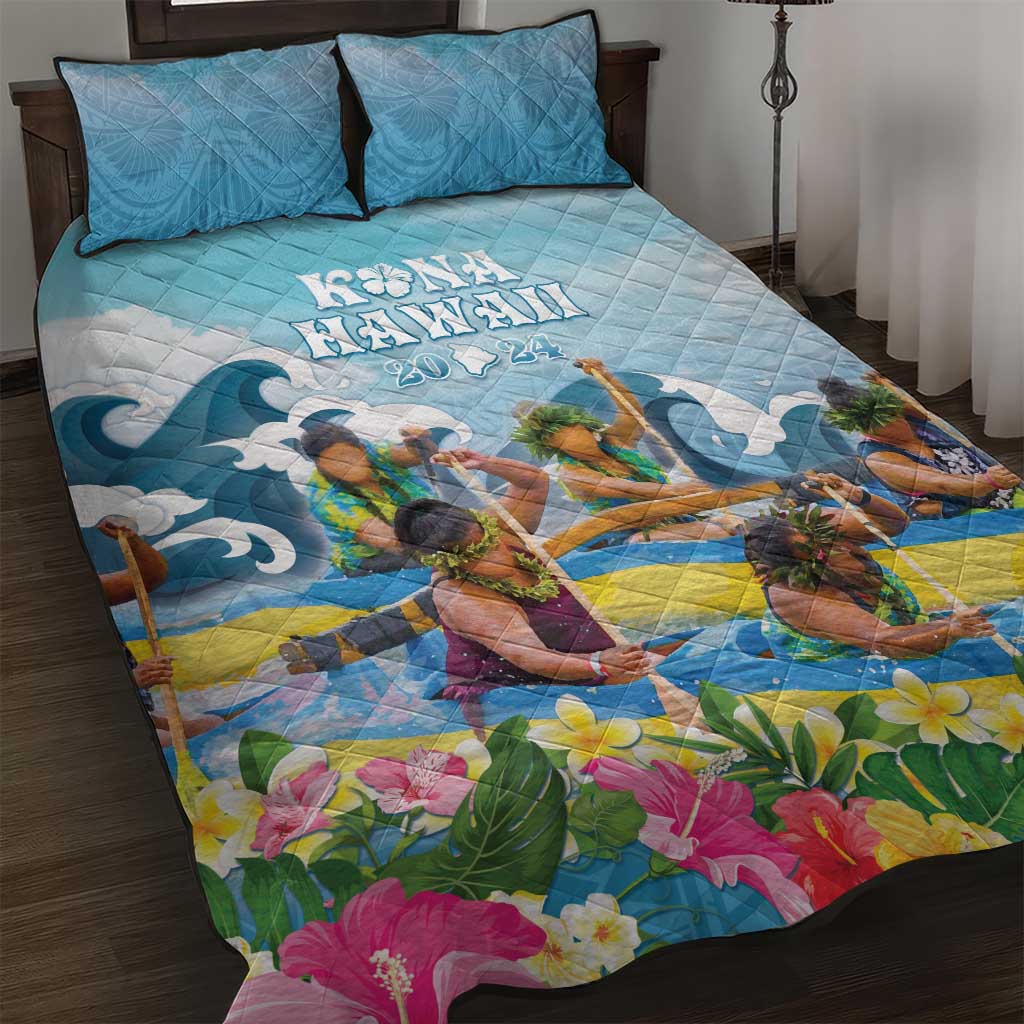 Hawaii Outrigger Canoe Race Quilt Bed Set Polynesian Style Watercolor Style