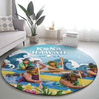 Hawaii Outrigger Canoe Race Round Carpet Polynesian Style Watercolor Style