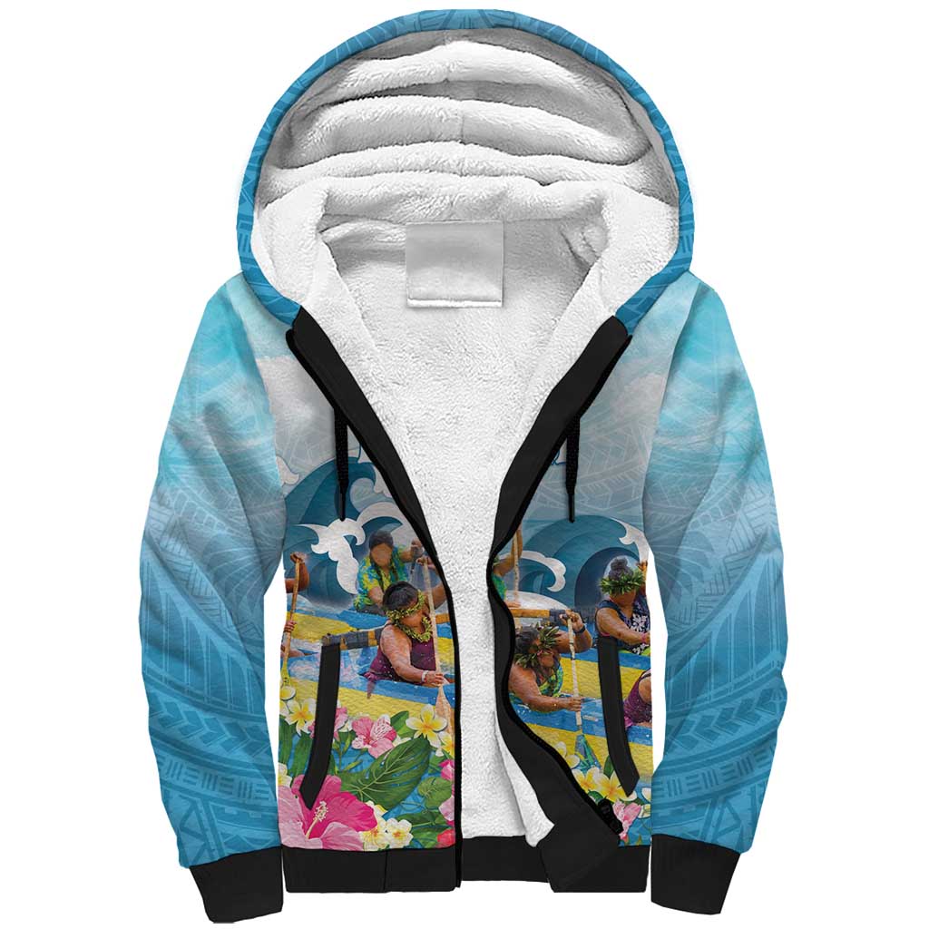 Hawaii Outrigger Canoe Race Sherpa Hoodie Polynesian Style Watercolor Style LT05 Unisex Blue - Polynesian Pride