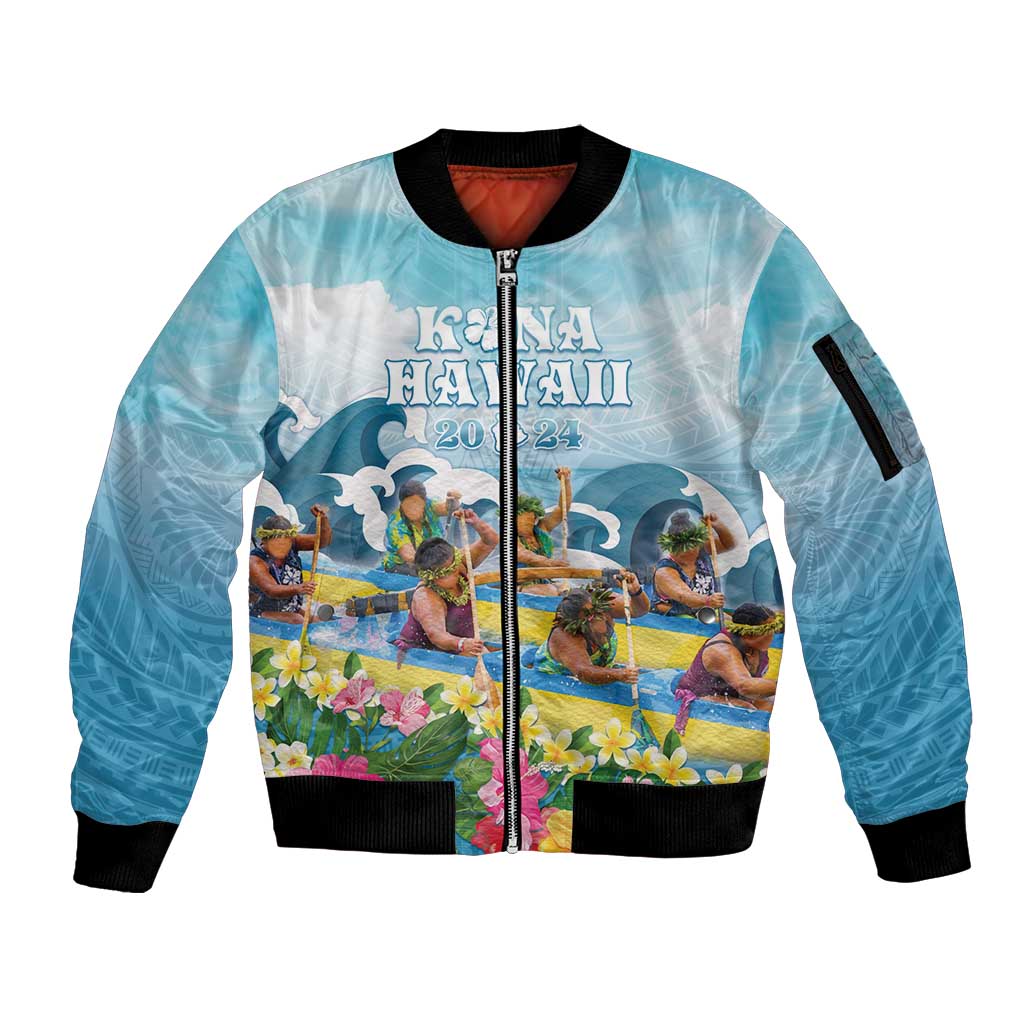 Hawaii Outrigger Canoe Race Sleeve Zip Bomber Jacket Polynesian Style Watercolor Style
