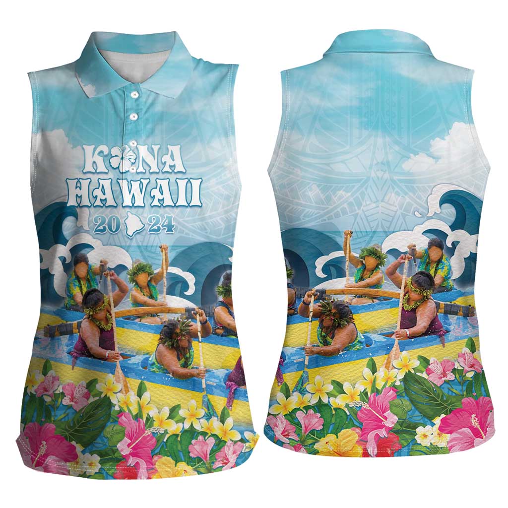 Hawaii Outrigger Canoe Race Women Sleeveless Polo Shirt Polynesian Style Watercolor Style