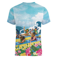 Hawaii Outrigger Canoe Race Women V-Neck T-Shirt Polynesian Style Watercolor Style