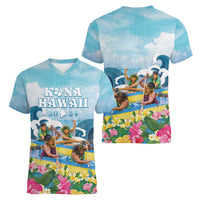 Hawaii Outrigger Canoe Race Women V-Neck T-Shirt Polynesian Style Watercolor Style