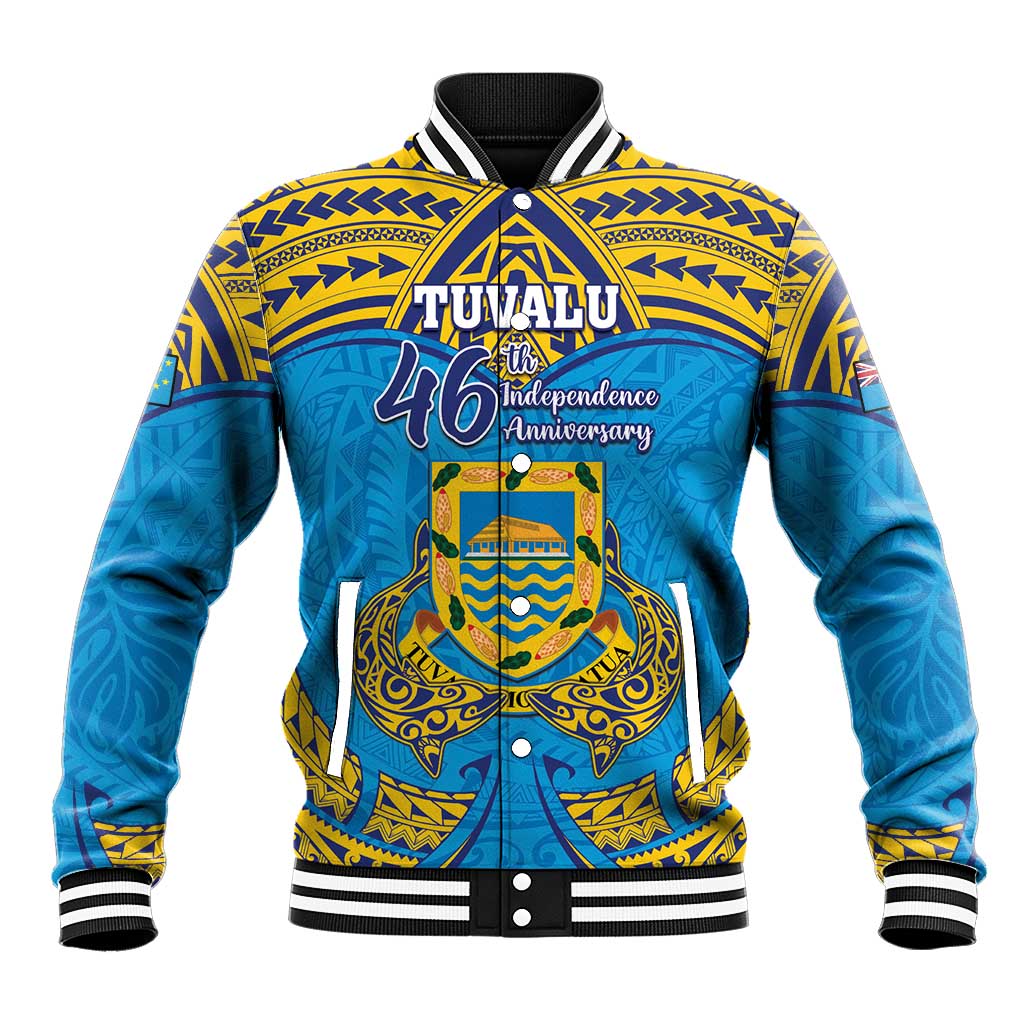 Personalised Tuvalu Independence Day Baseball Jacket Coat Of Arms With Polynesian Dolphin Tattoo LT05 Unisex Blue - Polynesian Pride