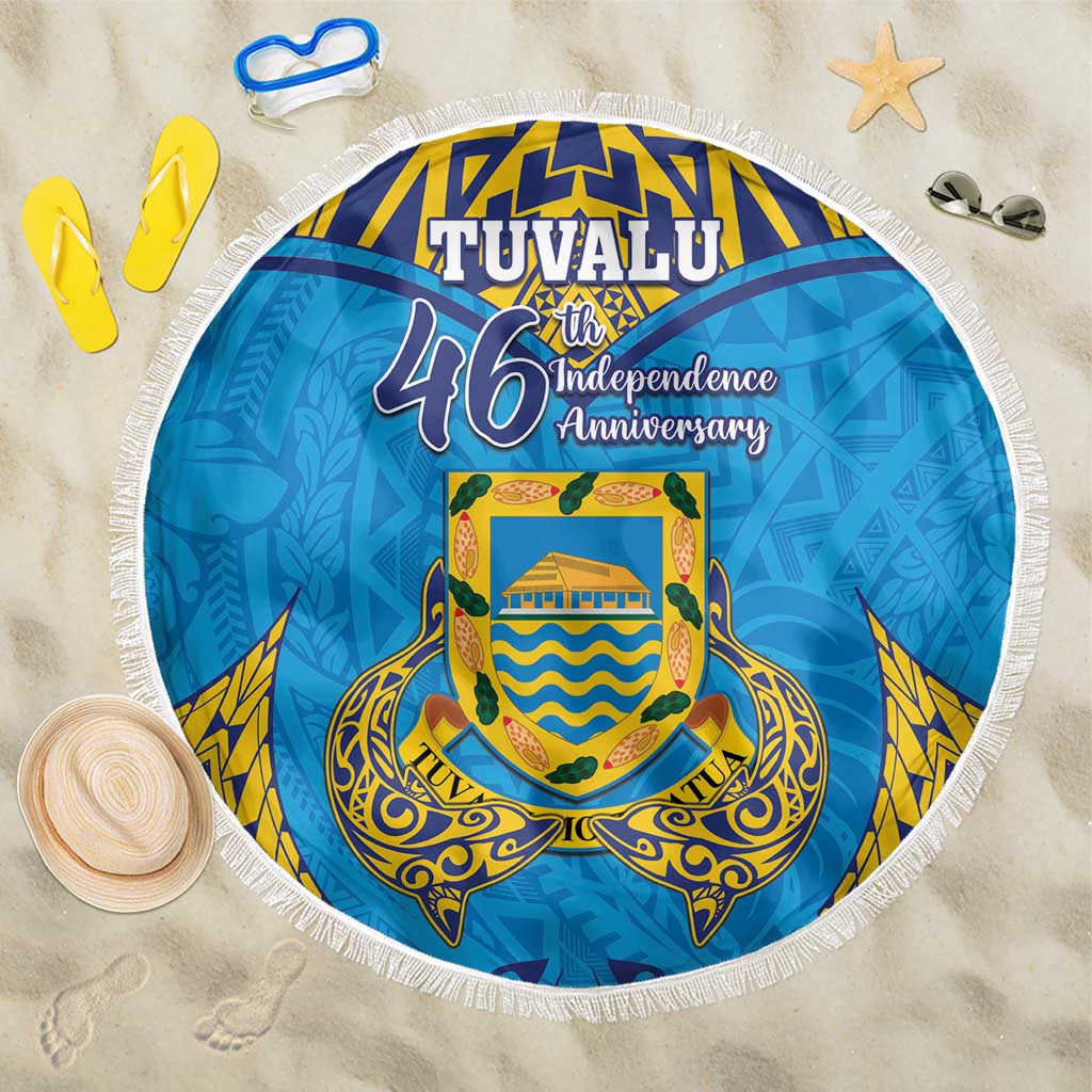 Tuvalu Independence Day Beach Blanket Coat Of Arms With Polynesian Dolphin Tattoo LT05 One Size 150cm Blue - Polynesian Pride