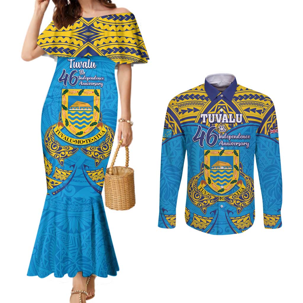 Personalised Tuvalu Independence Day Couples Matching Mermaid Dress and Long Sleeve Button Shirt Coat Of Arms With Polynesian Dolphin Tattoo