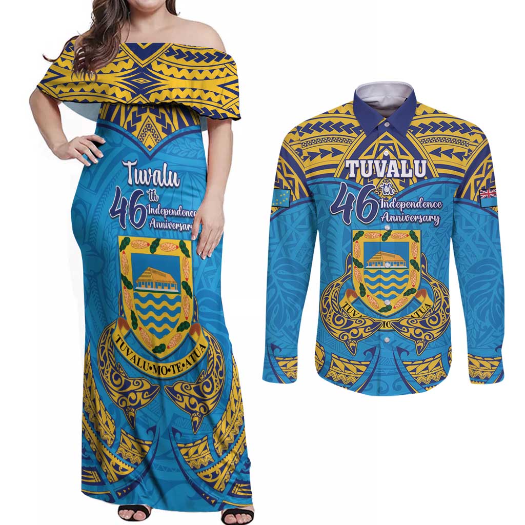 Personalised Tuvalu Independence Day Couples Matching Off Shoulder Maxi Dress and Long Sleeve Button Shirt Coat Of Arms With Polynesian Dolphin Tattoo