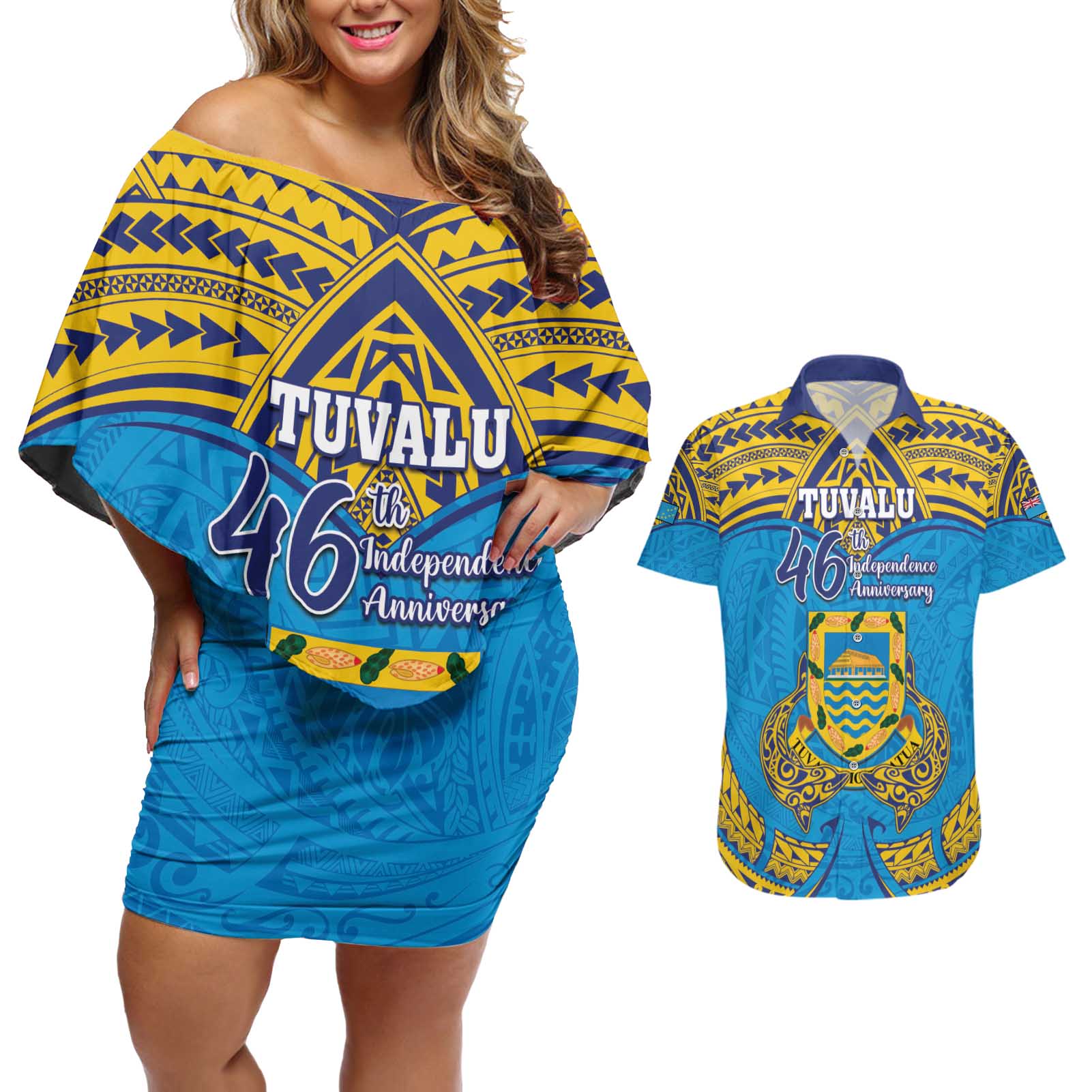 Personalised Tuvalu Independence Day Couples Matching Off Shoulder Short Dress and Hawaiian Shirt Coat Of Arms With Polynesian Dolphin Tattoo